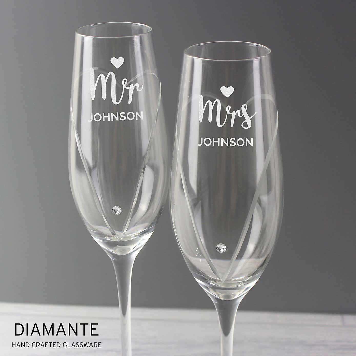 Personalised Hand Cut Mr and Mrs Pair of Flutes in Gift Box
