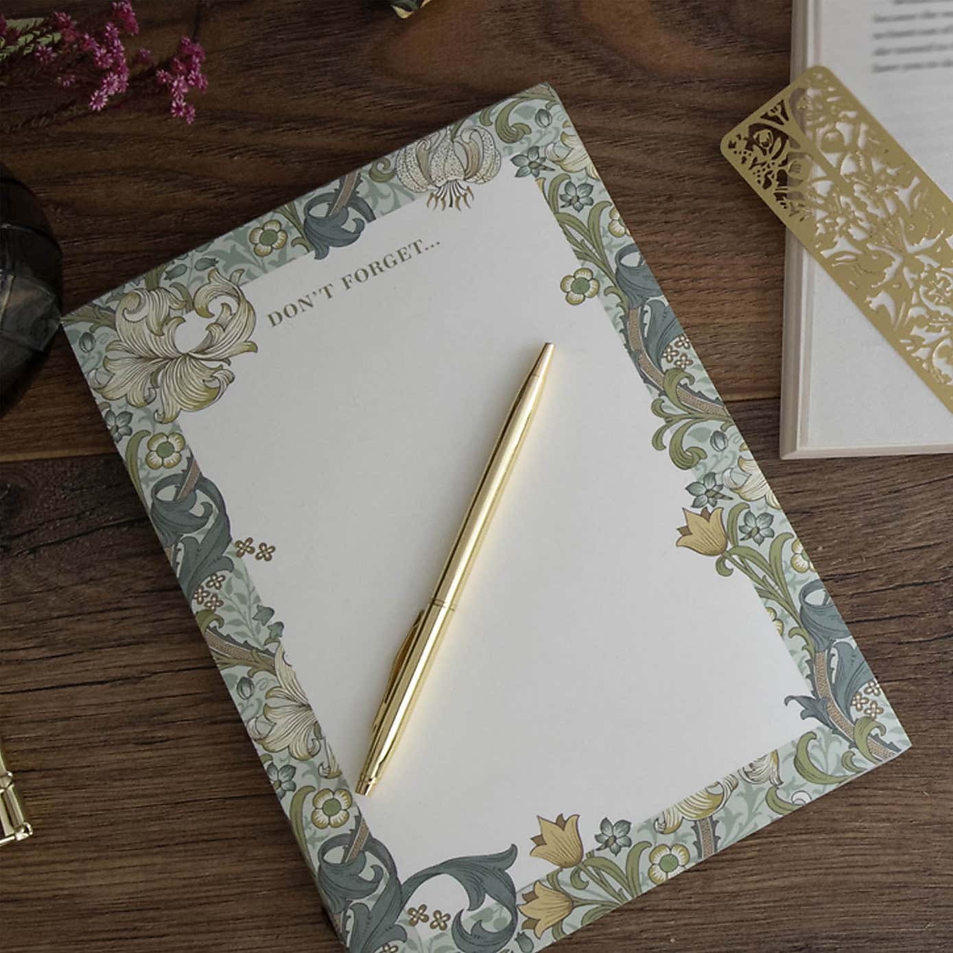 William Morris Golden Lily Listpad and Laser Cut Metal Bookmark Bundle