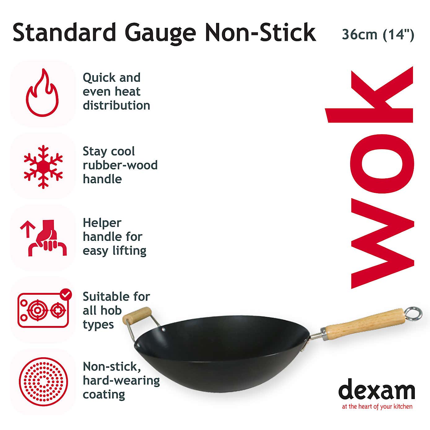 Dexam Non-Stick Standard Gauge Carbon Steel Wok with Helper Handle, 36cm