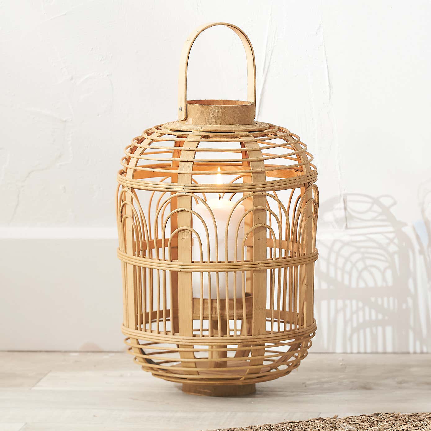 Large Natural Bamboo and Glass Lantern