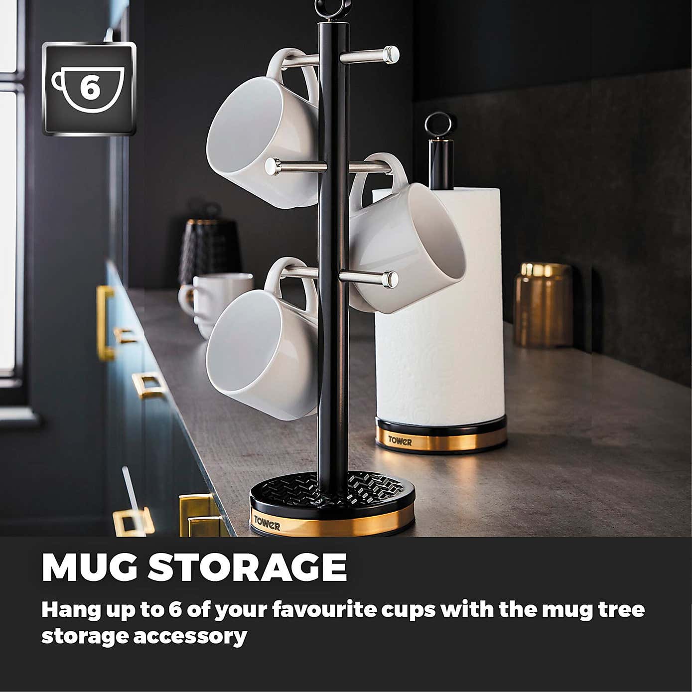 Tower Empire 6 Cup Mug Tree & Kitchen Roll Holder Set