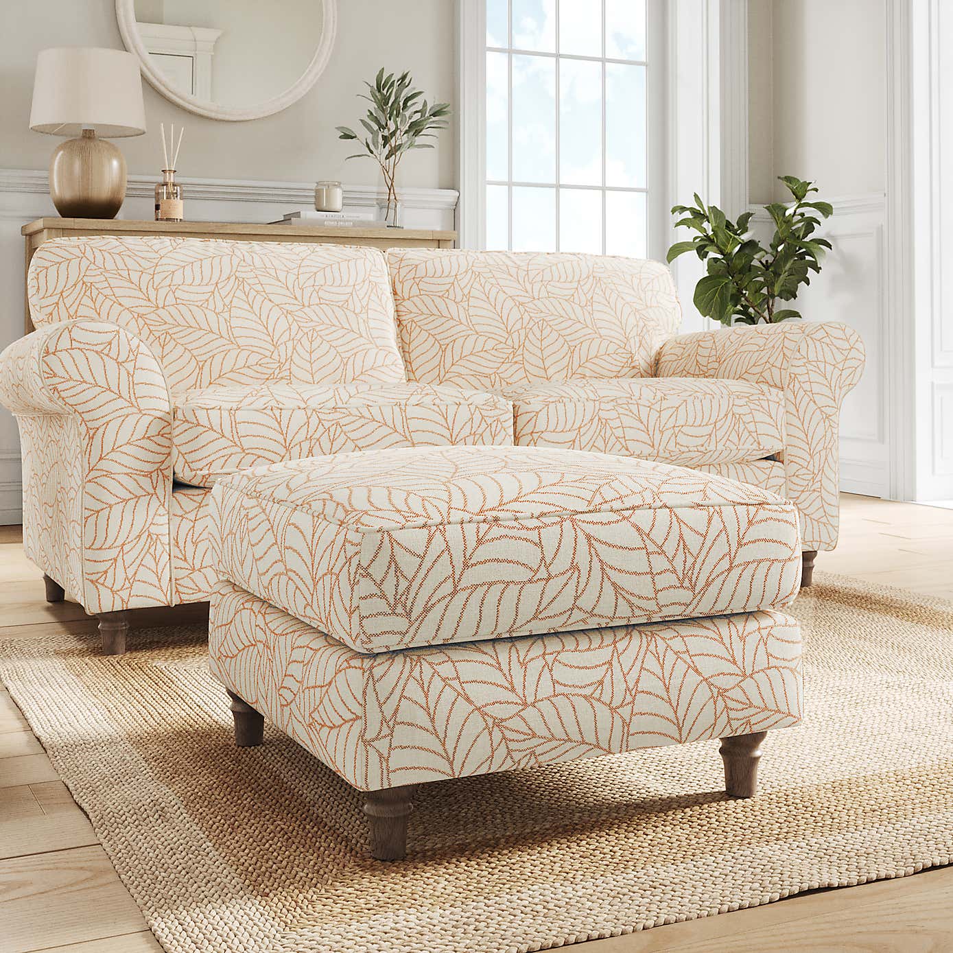 Flori Footstool, Leaf Print Fabric