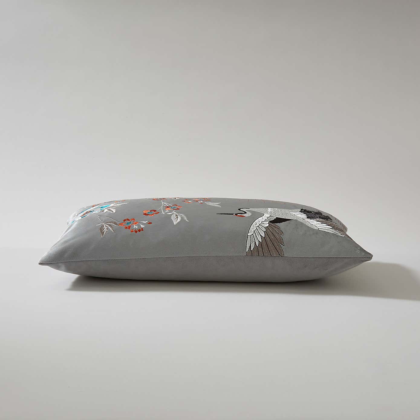 Embroidered Crane Silver Cushion Cover