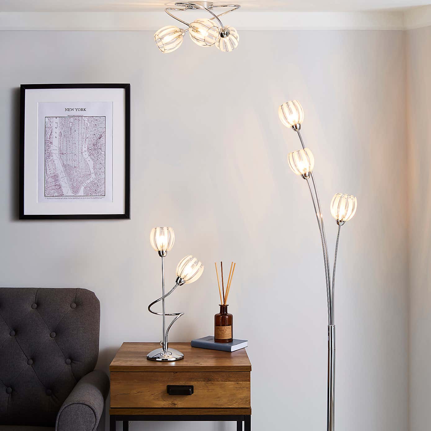 Rosa 3 Light Chrome Semi-Flush Ceiling Fitting