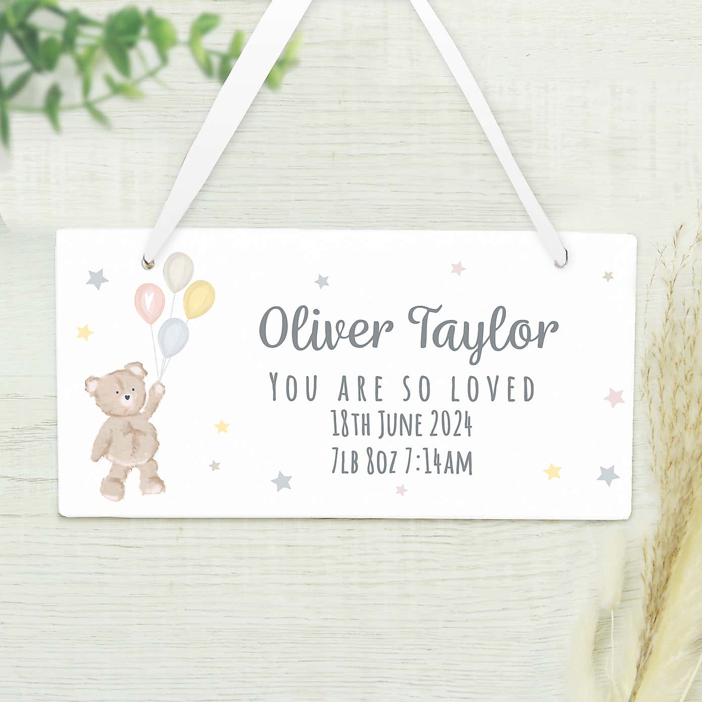 Personalised Teddy and Balloons White Wooden Sign
