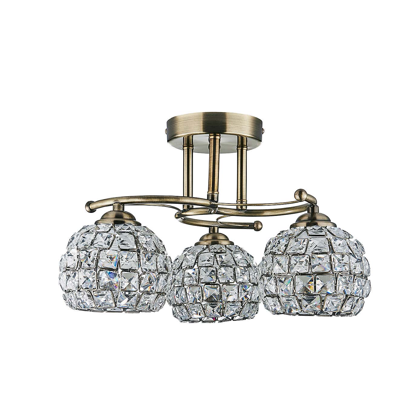 Bergen 3 Light Crystal Antique Brass Ceiling Fitting