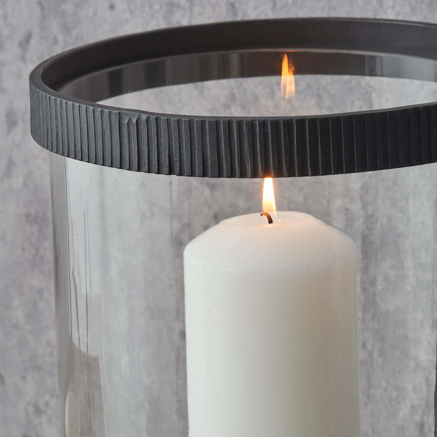 Black Ribbed Metal Glass Cylinder Hurricane Candle Holder