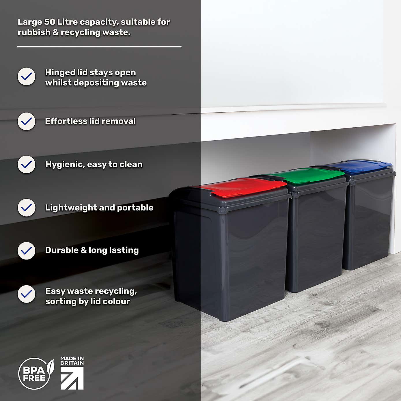 Wham 50L Set of 3 Recycling Bins with Red, Blue, & Green Lids