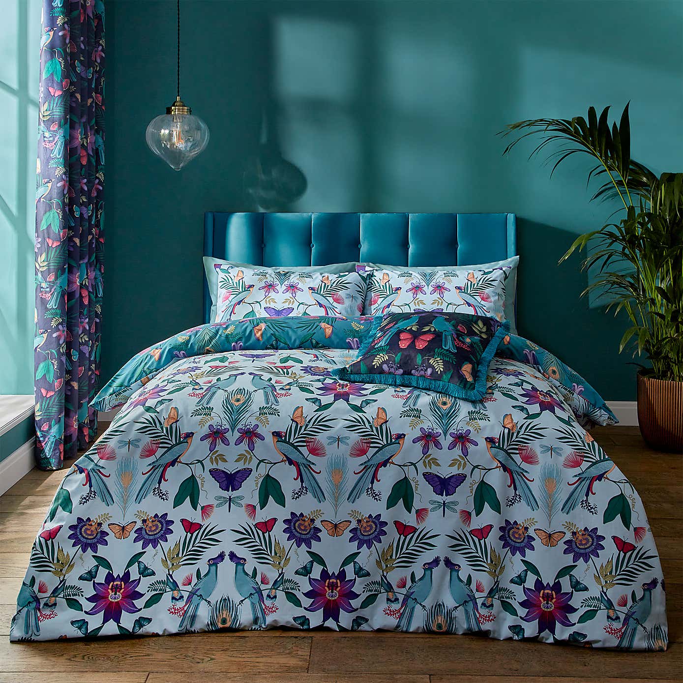 Catherine Lansfield Mya Tropical Floral Duck Egg Blue Duvet Cover and Pillowcase Set