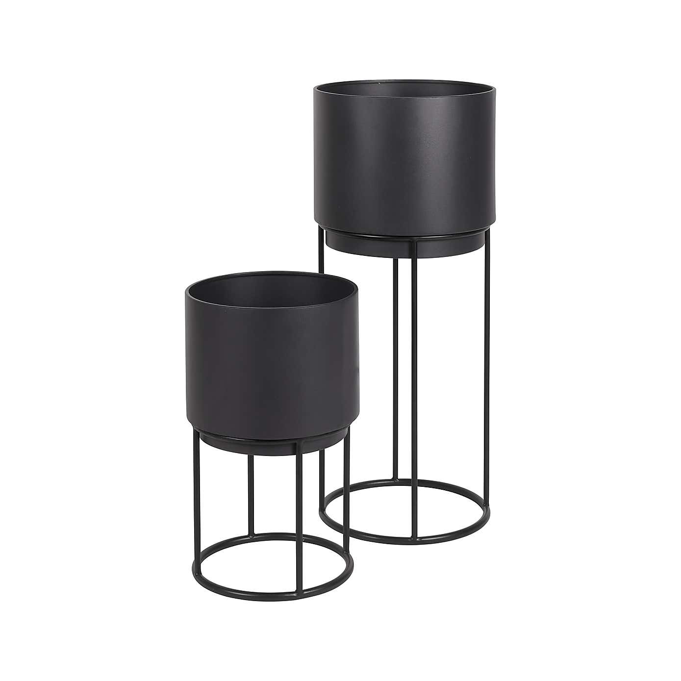 Set of 2 Round Graphite Metal Plant Stands