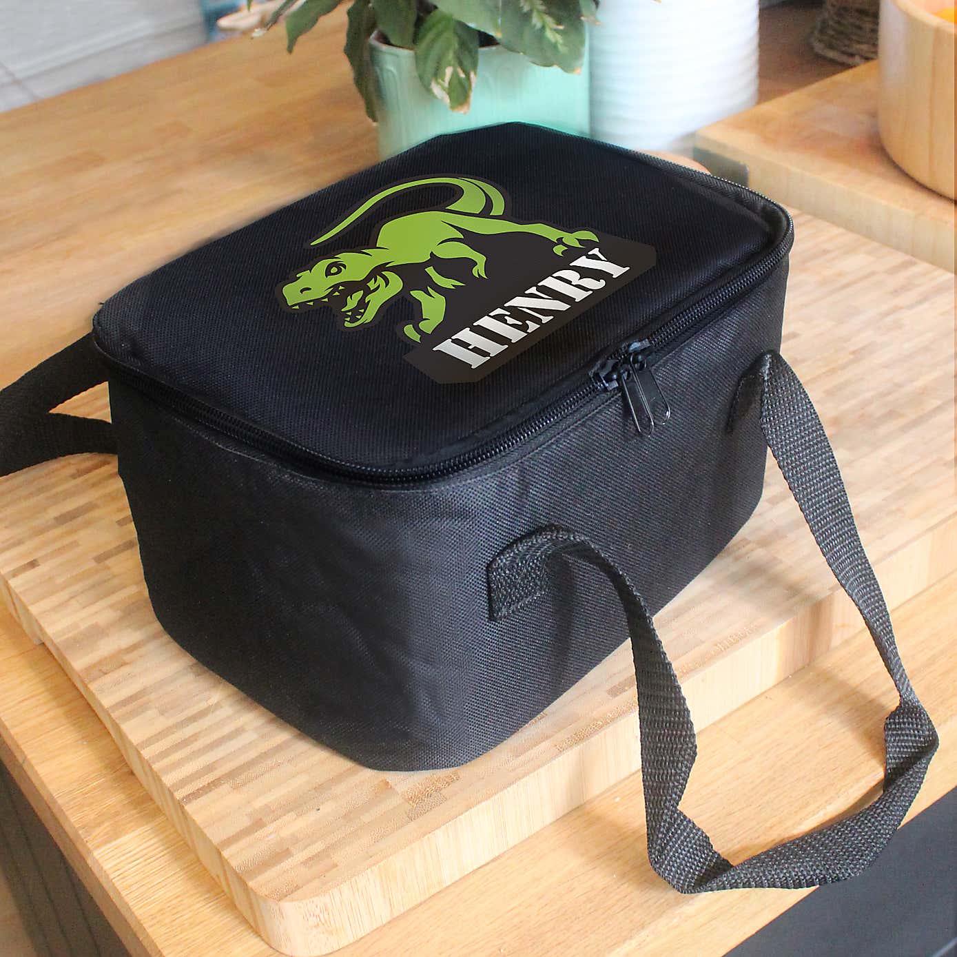 Personalised Black Dinosaur Lunch Bag