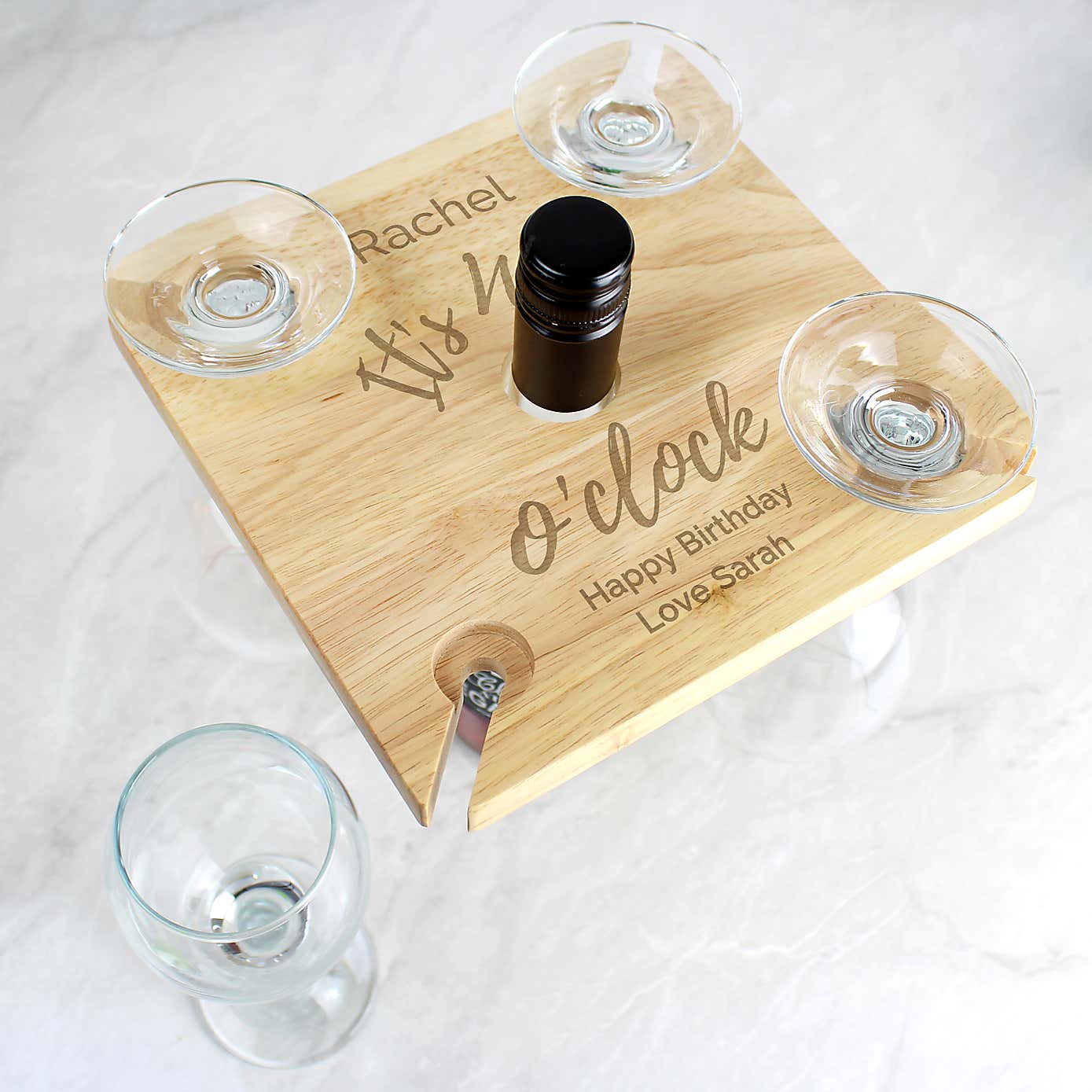 Personalised Wine Oclock Wooden Four Wine Glasses and Bottle Holder