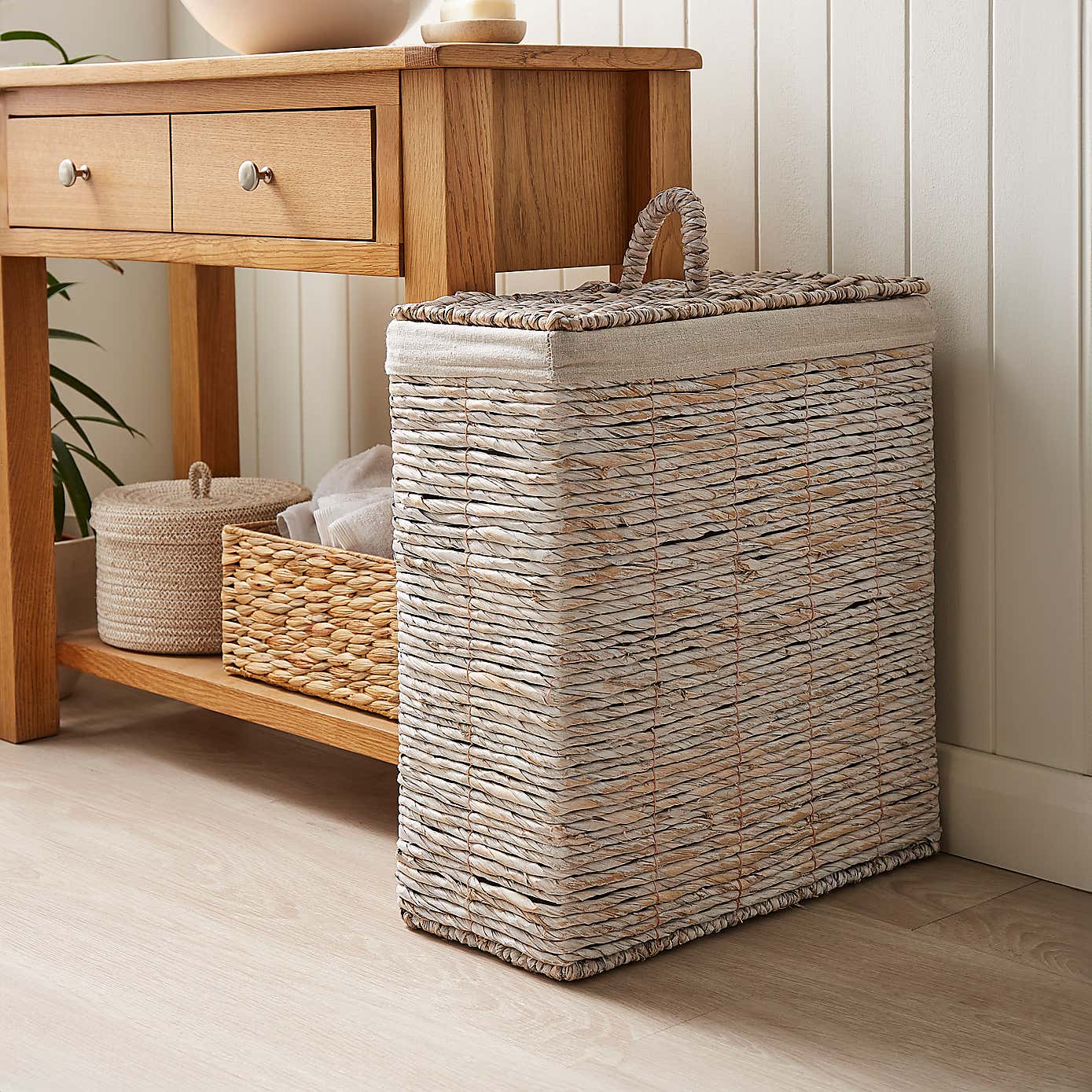 White Wash Wicker Slimline Laundry Basket