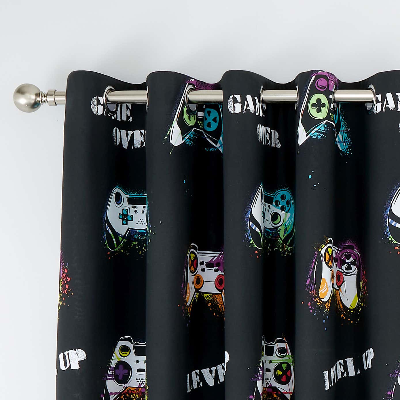 Catherine Lansfield Game Over Black Eyelet Curtains