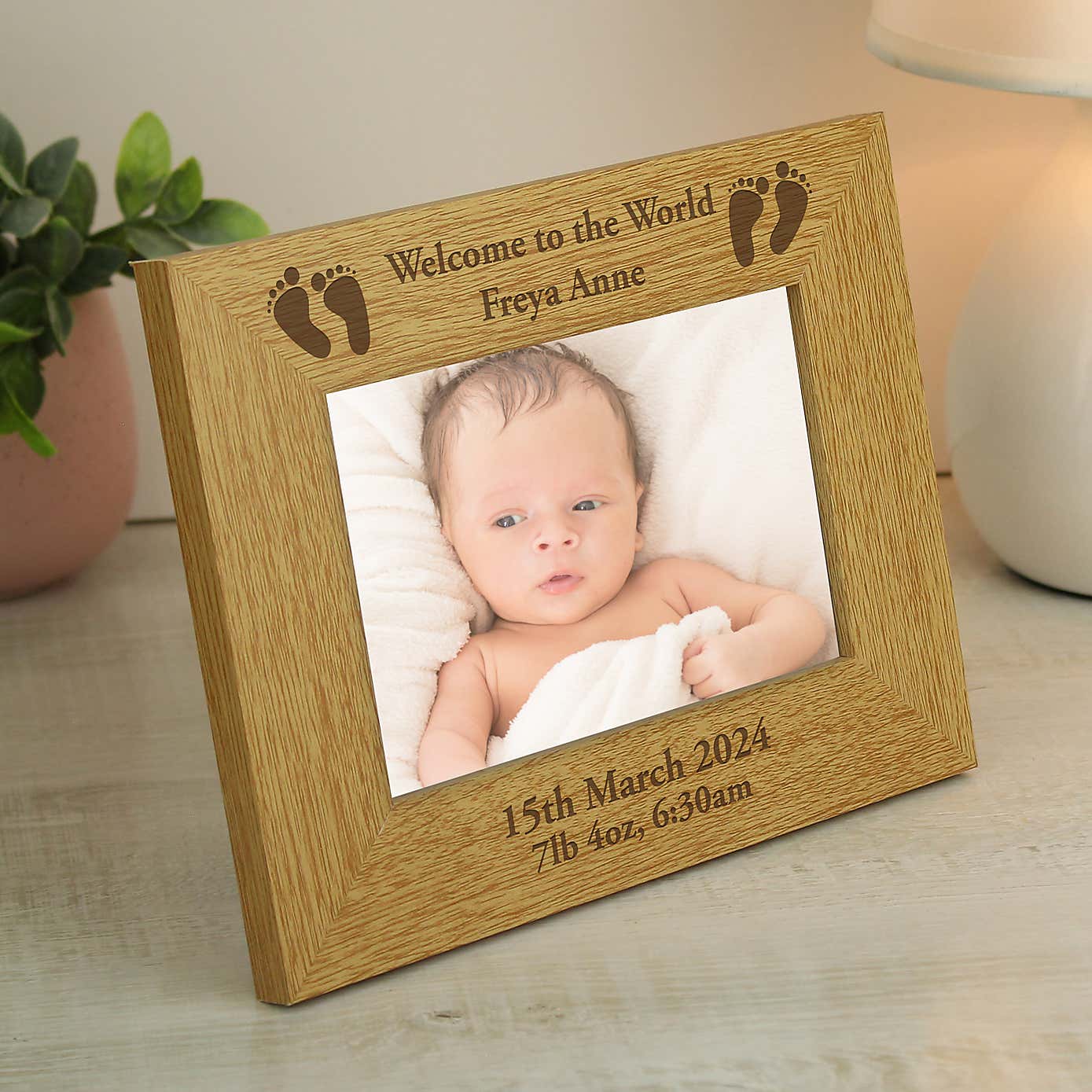 Personalised Oak Effect Baby Footprints Landscape Photo Frame