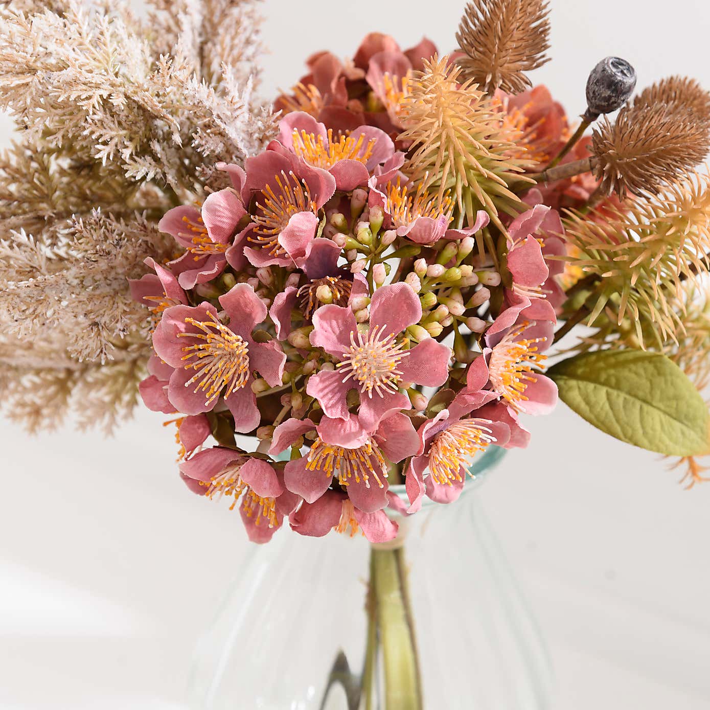 Artificial Dried Pink Hydrangea and Pampas Bouquet in Glass Vase