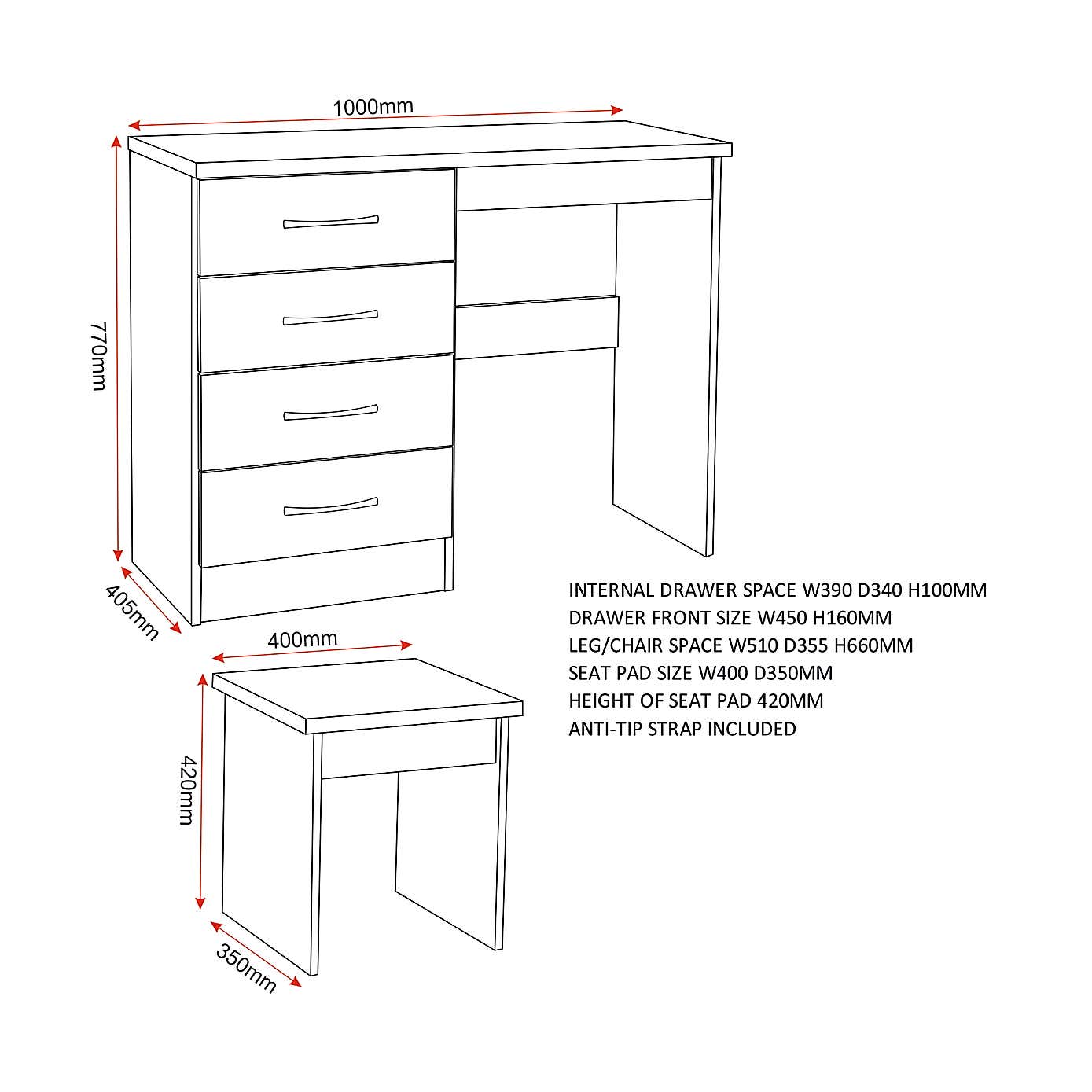 Nevada 4 Drawer Dressing Table Set with Mirror