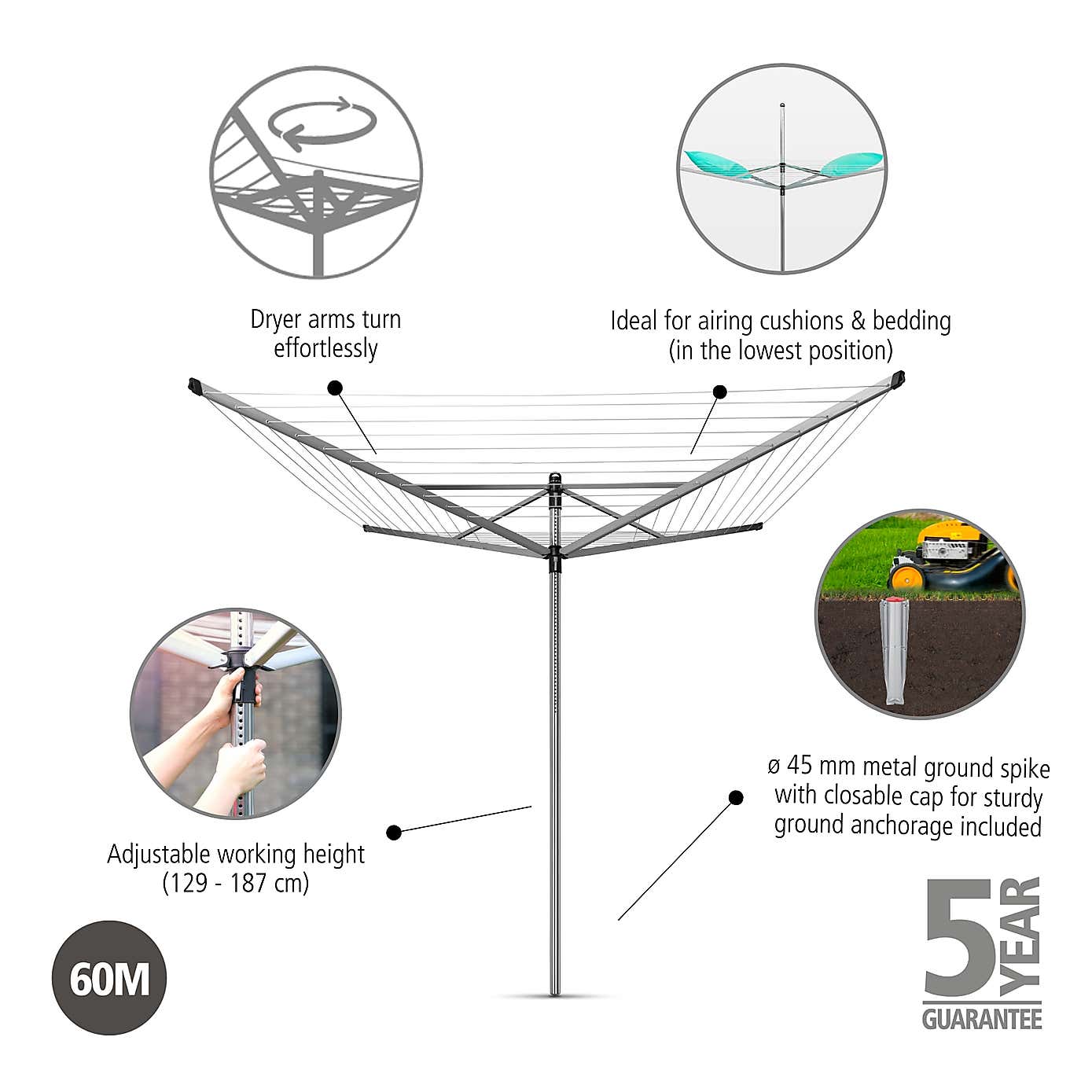 Brabantia 60 Metre 4 Arm Rotary Liftomatic Airer