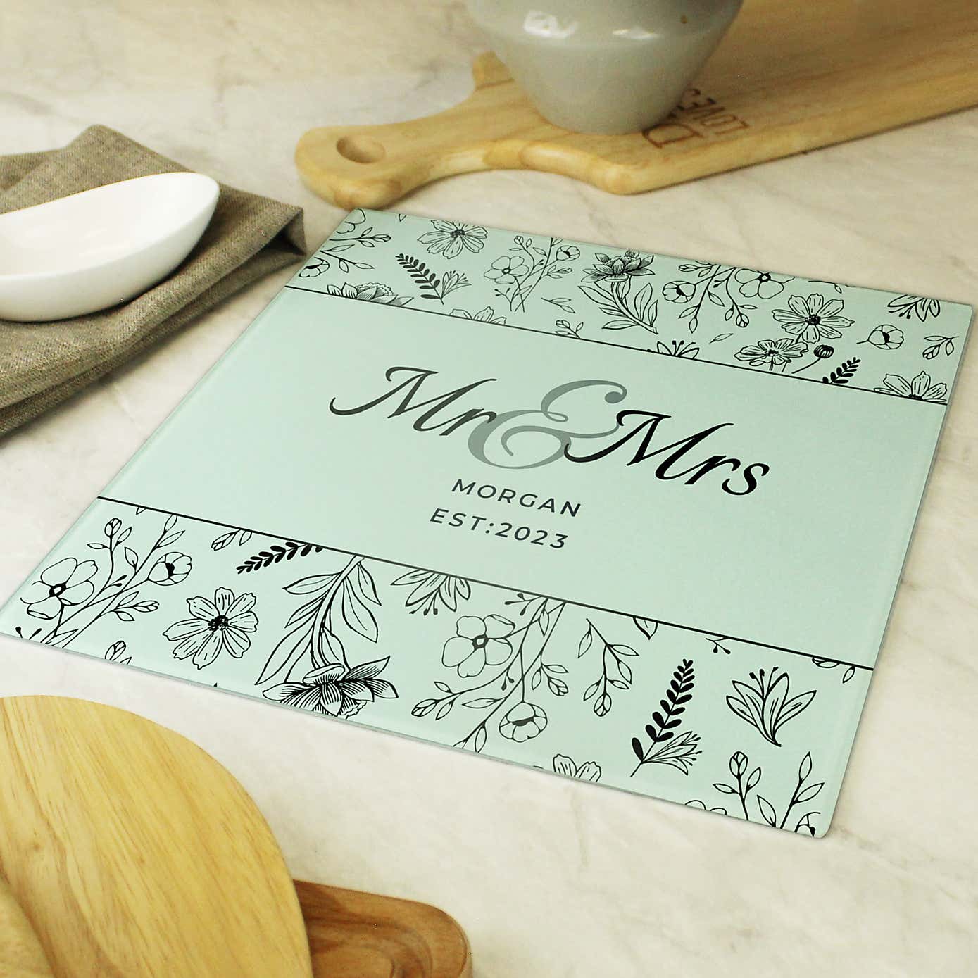 Personalised Mr and Mrs Botanical Glass Worktop Saver