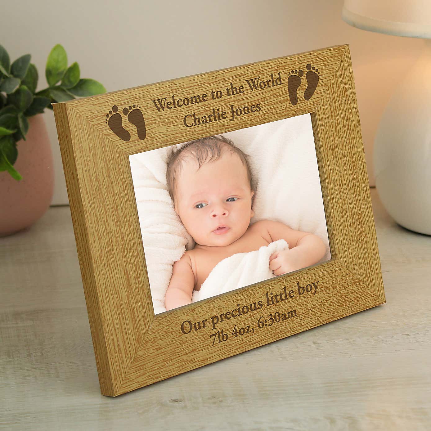 Personalised Oak Effect Baby Footprints Landscape Photo Frame