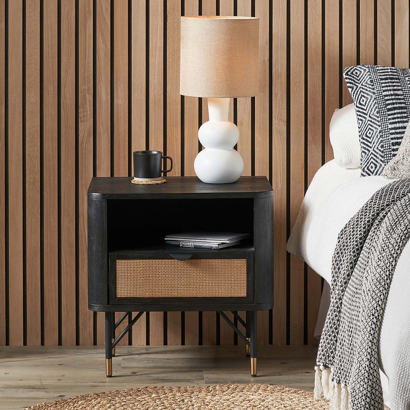 Fiji Bedside Table, Acacia Wood and Rattan