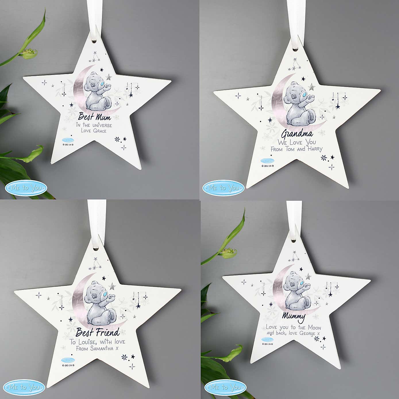 Personalised Moon and Stars Me To You Wooden Star Decoration