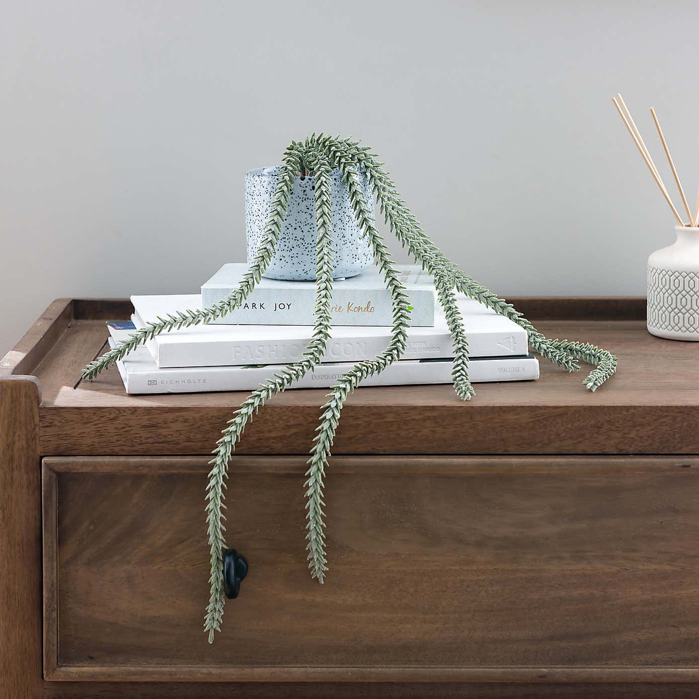 Artificial Trailing Sedum Burros Tail in Speckled Ceramic Plant Pot