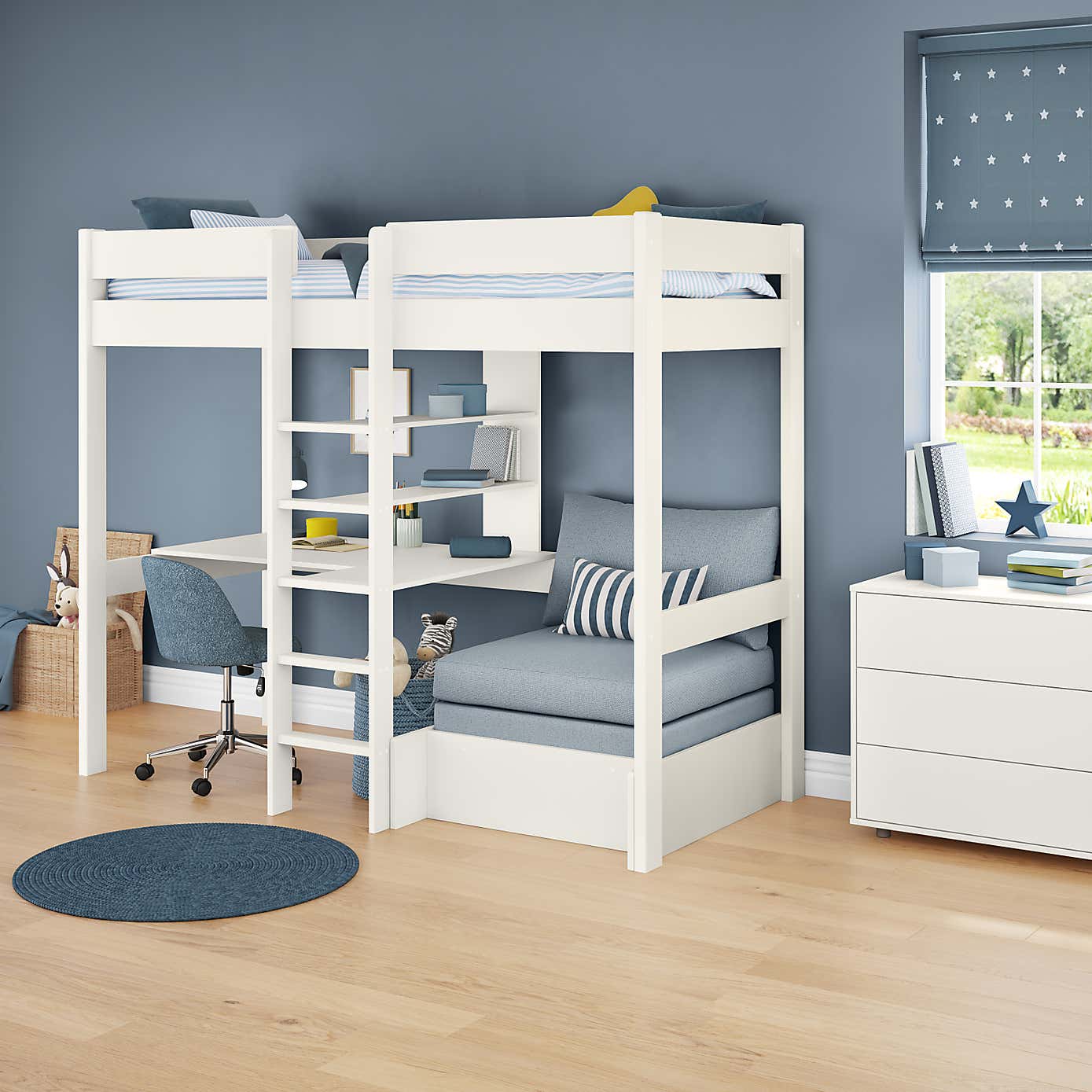 Stompa Uno Highsleeper With Chair Bed And Cushion Set, Pine