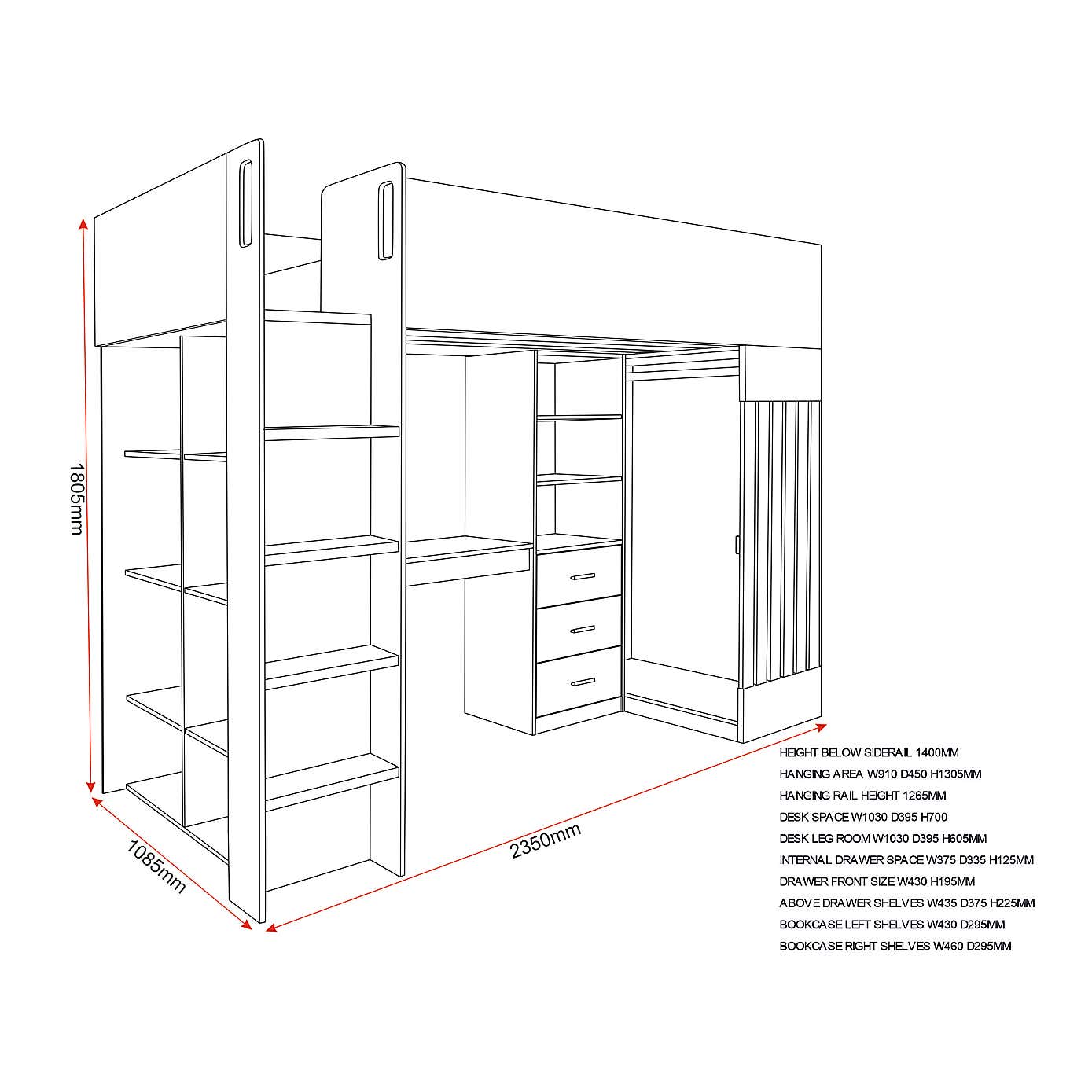 Jupiter High Sleeper Bed White/Grey