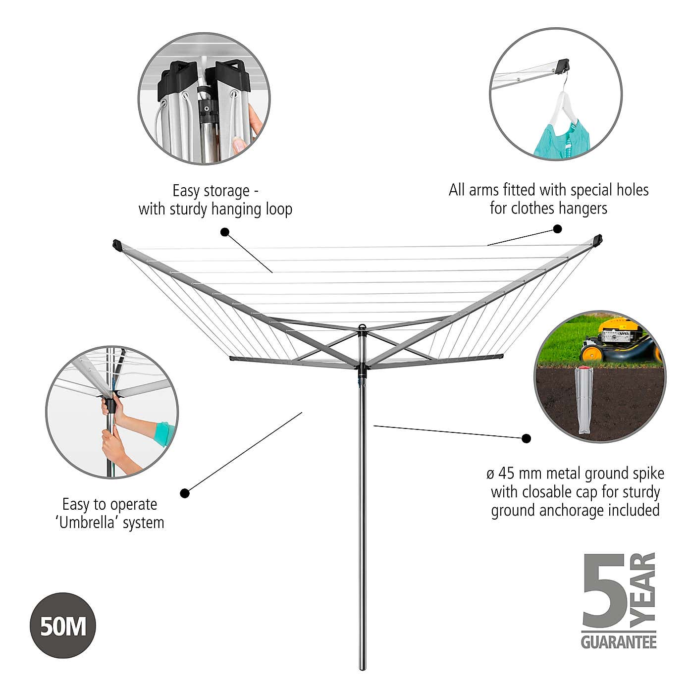 Brabantia 50 Metre 4 Arm Top Spinner Rotary Washing Line