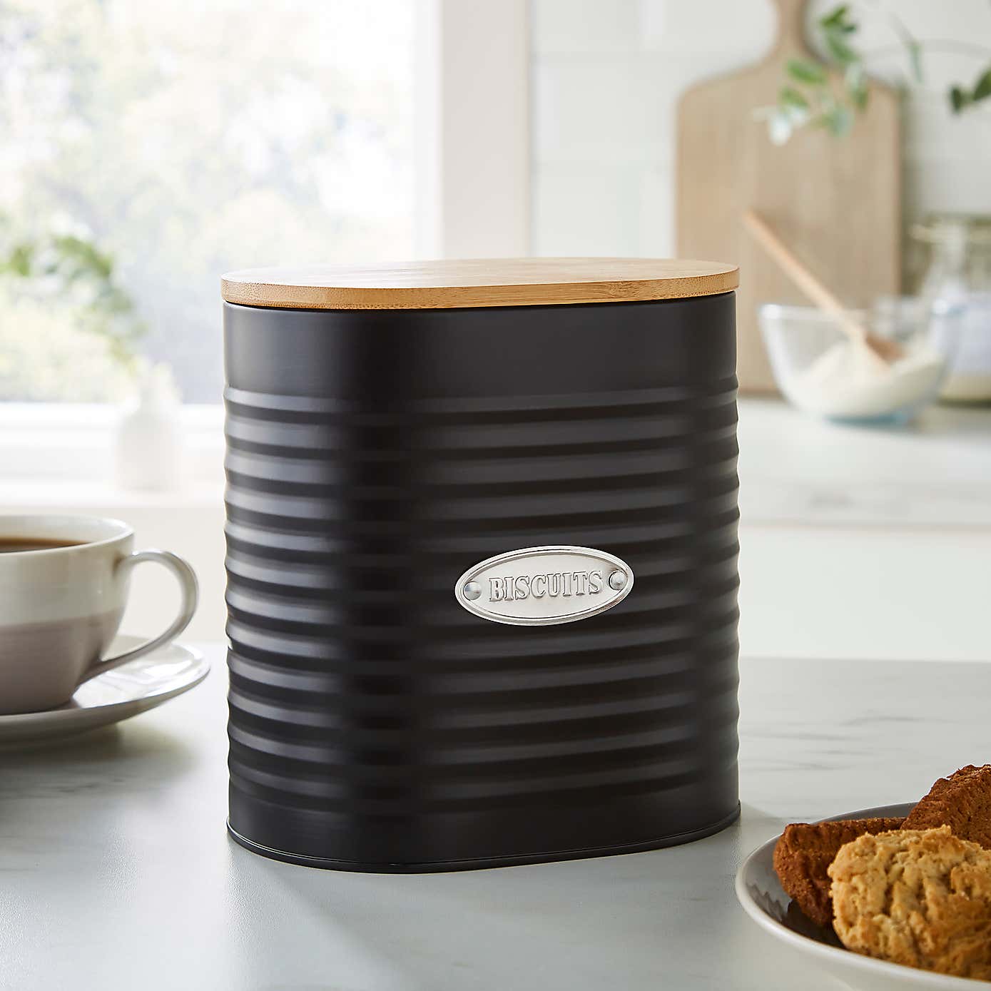 Metal Biscuit Canister with Badge Black