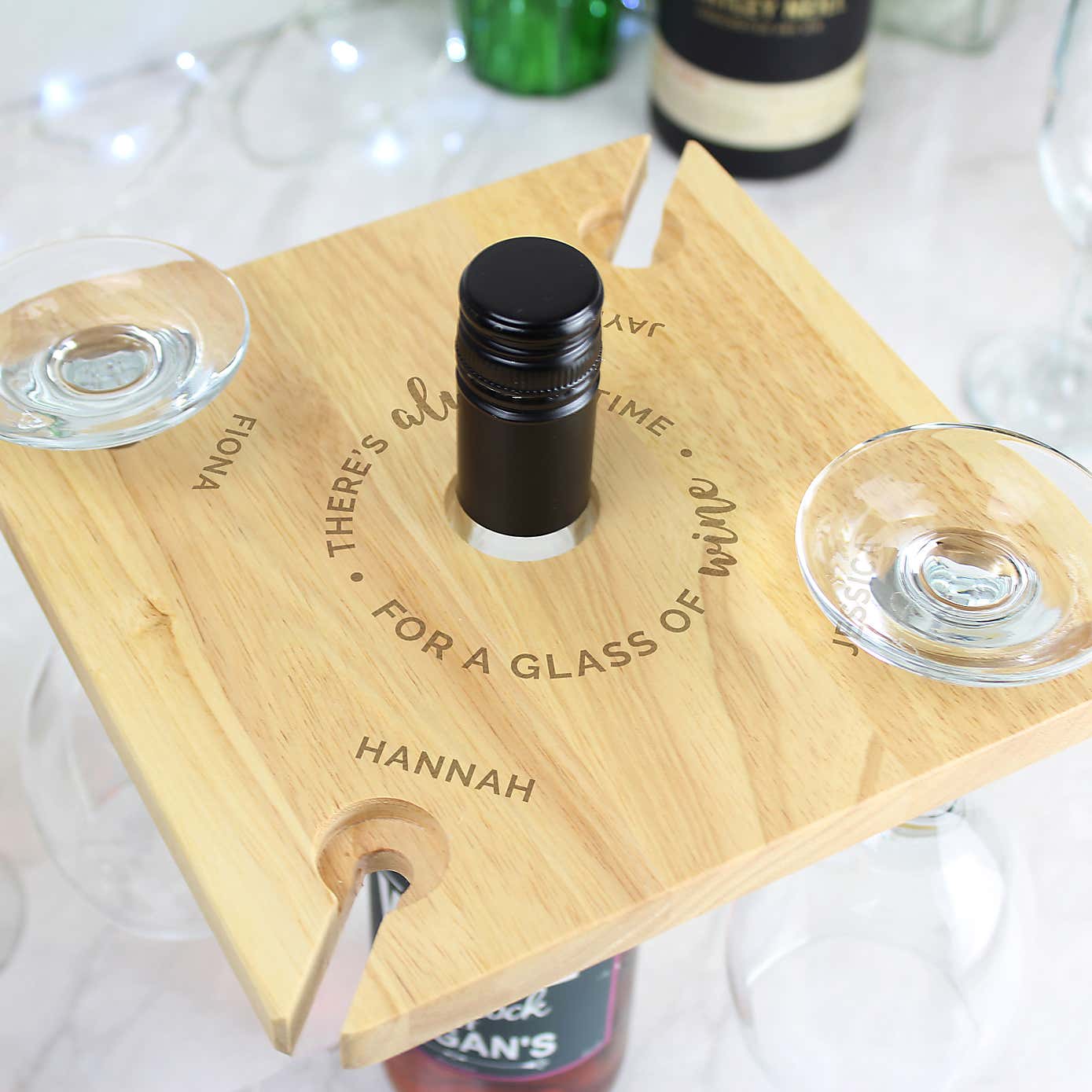 Personalised Time For a Glass of Wine Wooden Four Wine Glasses and Bottle Holder