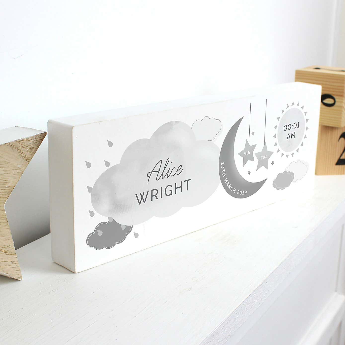 Personalised New Baby Moon and Stars Wooden Block Nursery Sign