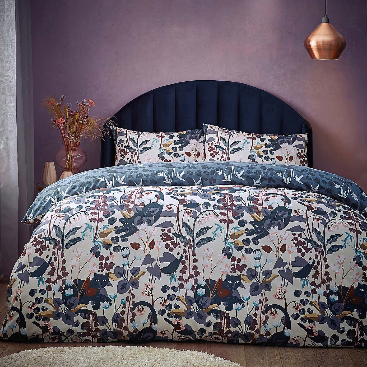 furn. Midnight Panther Duvet Cover Set Dusky Blue