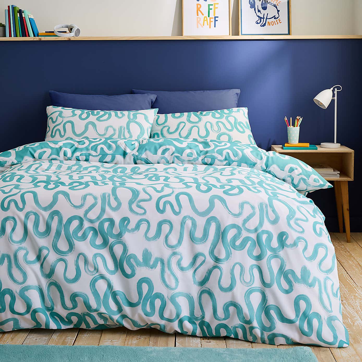 Aqua Doodle Reversible Duvet Cover and Pillowcase Set