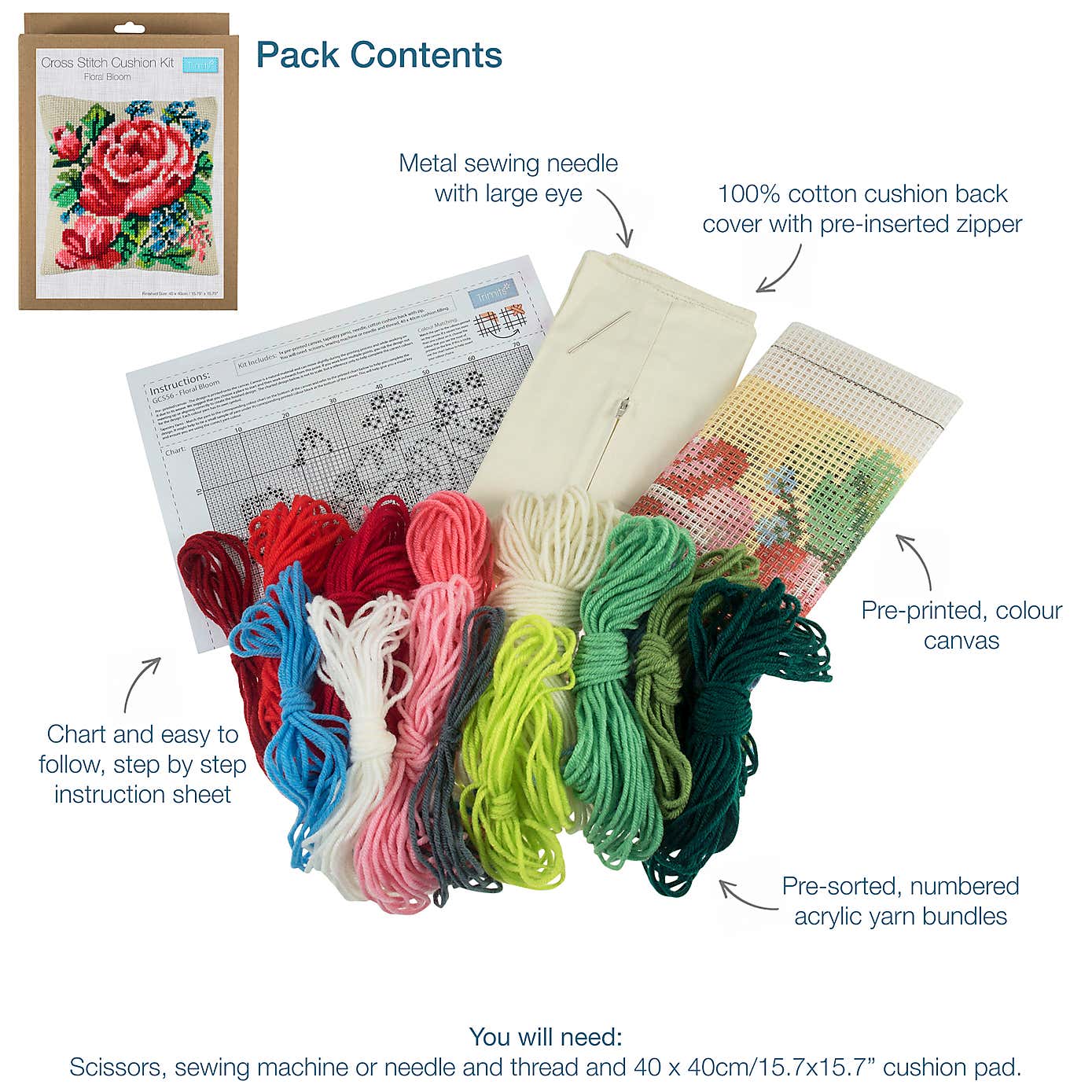 Cross Stitch Kit Cushion Floral Bloom