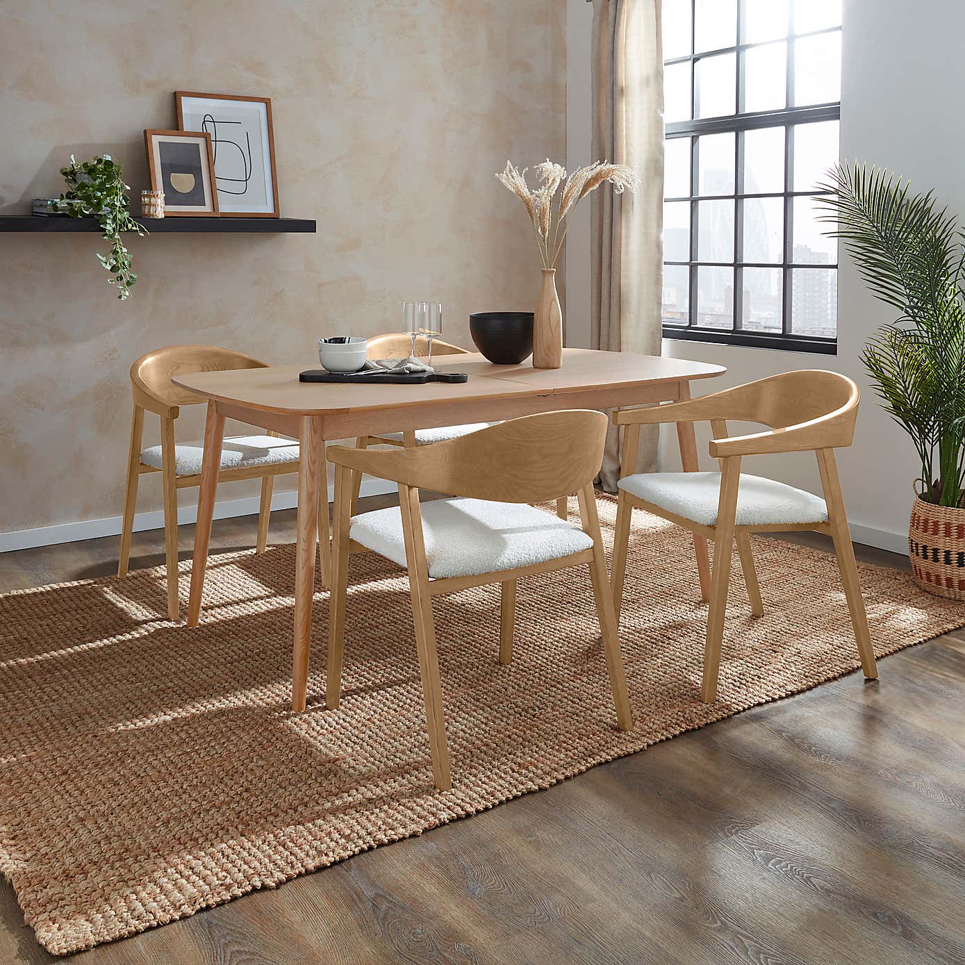 Karla Rectangular Extendable Dining Table with Oskar Natural Stained Ivory Boucle Dining Chairs