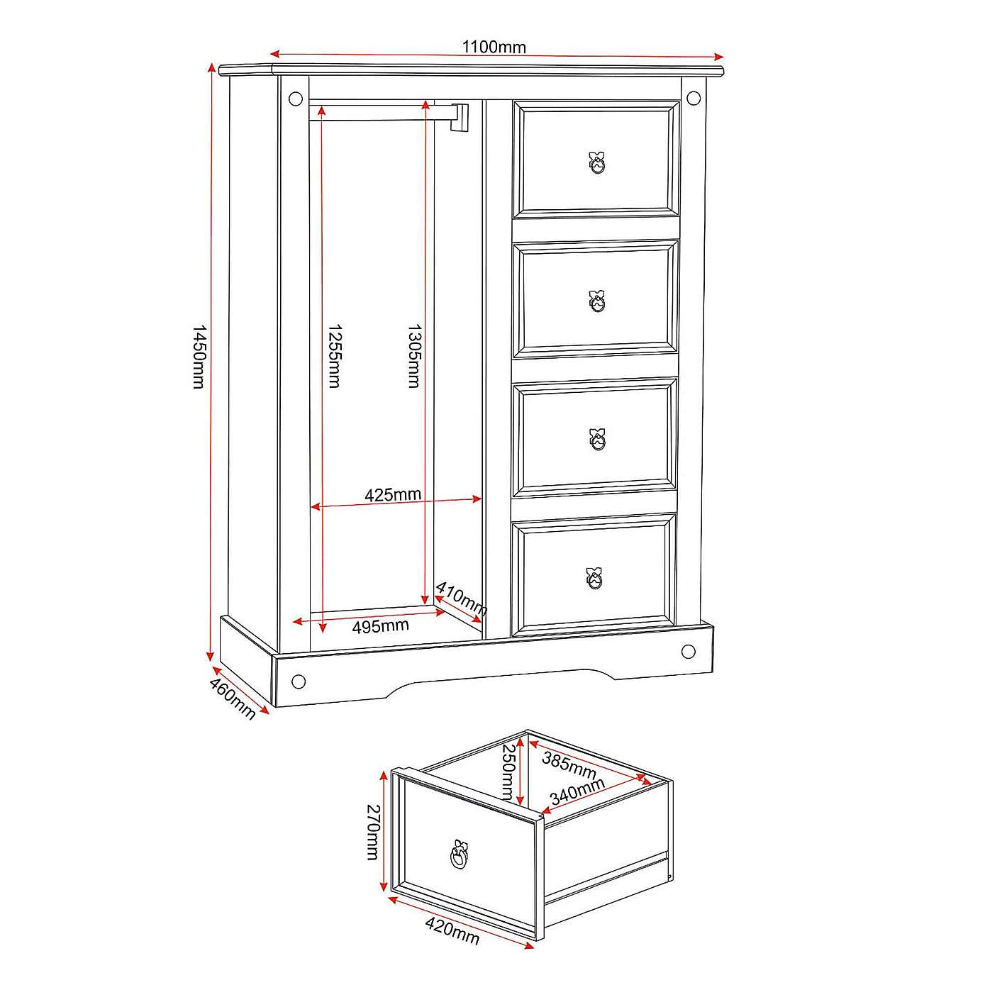 Corona Pine Single 4 Drawer Wardrobe