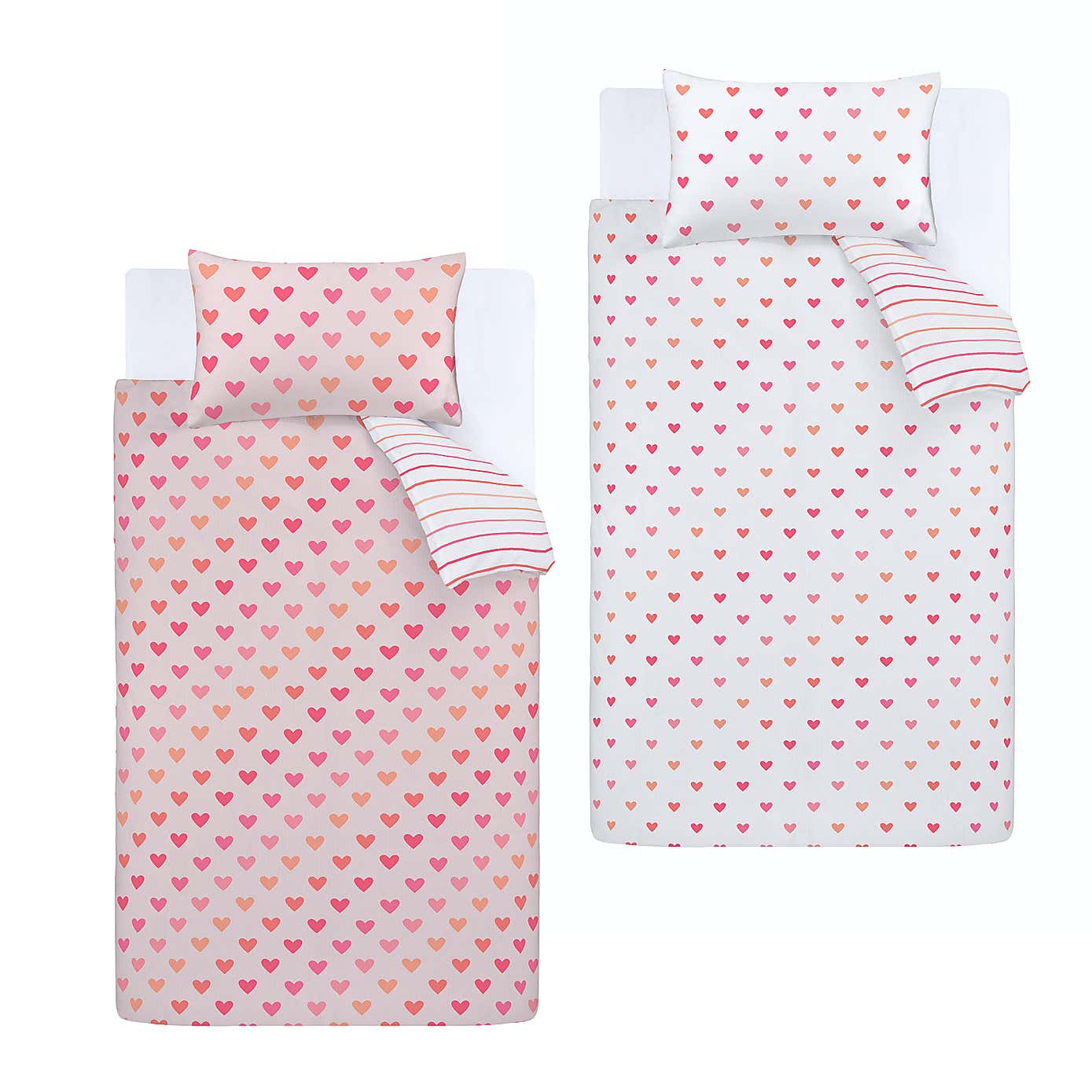 Catherine Lansfield Set of 2 Hearts and Stripes Reversible Duvet Cover and Pillowcase Sets