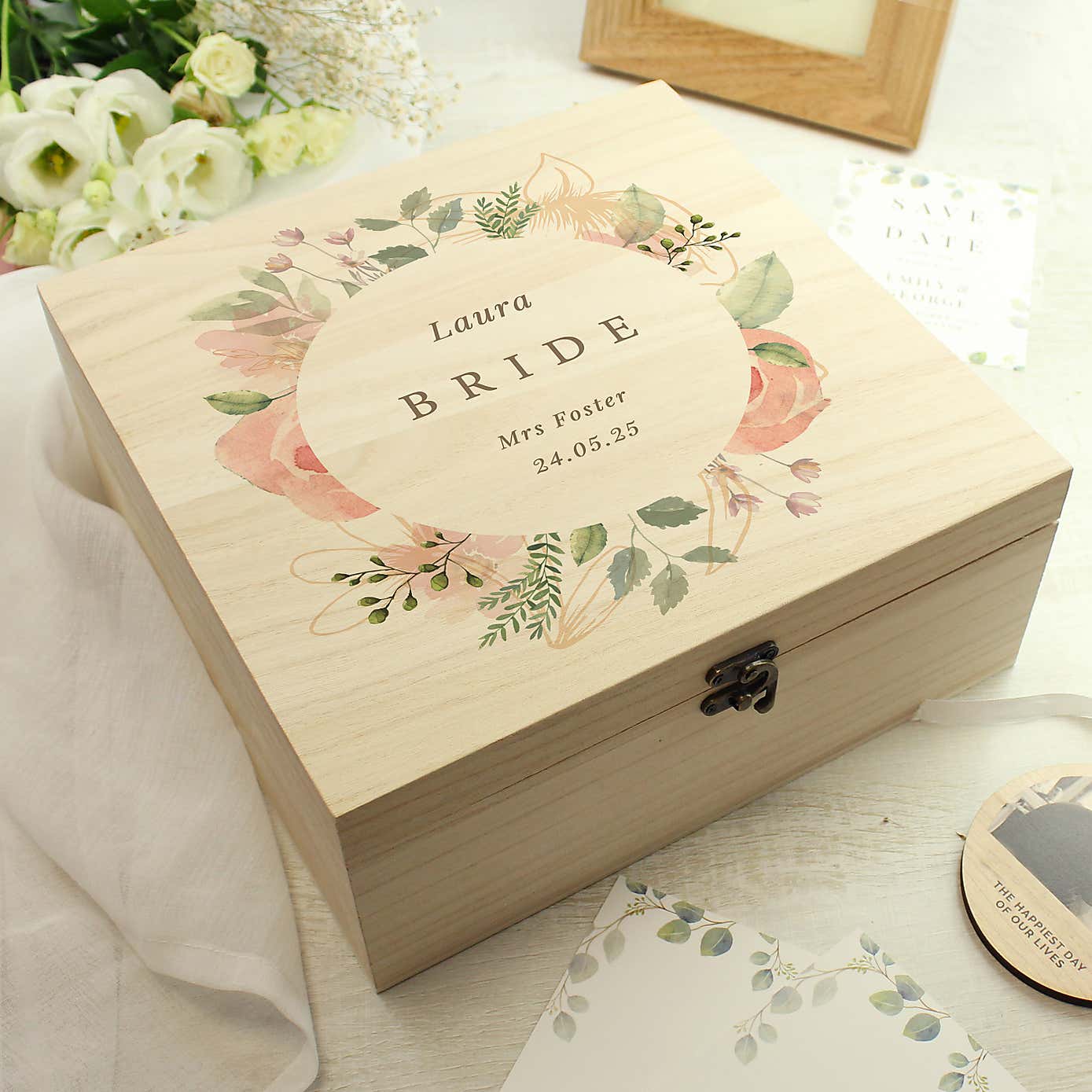 Personalised Floral Watercolour Wooden Keepsake Box