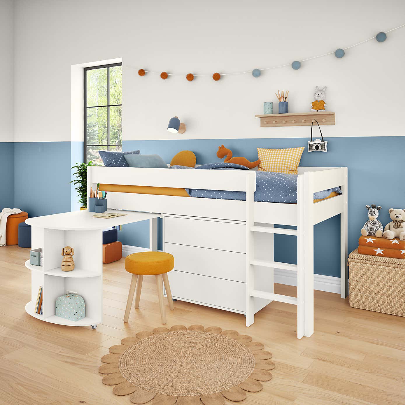 Stompa Uno Midsleeper With Pull Out Desk and Chest of Drawers, Pine