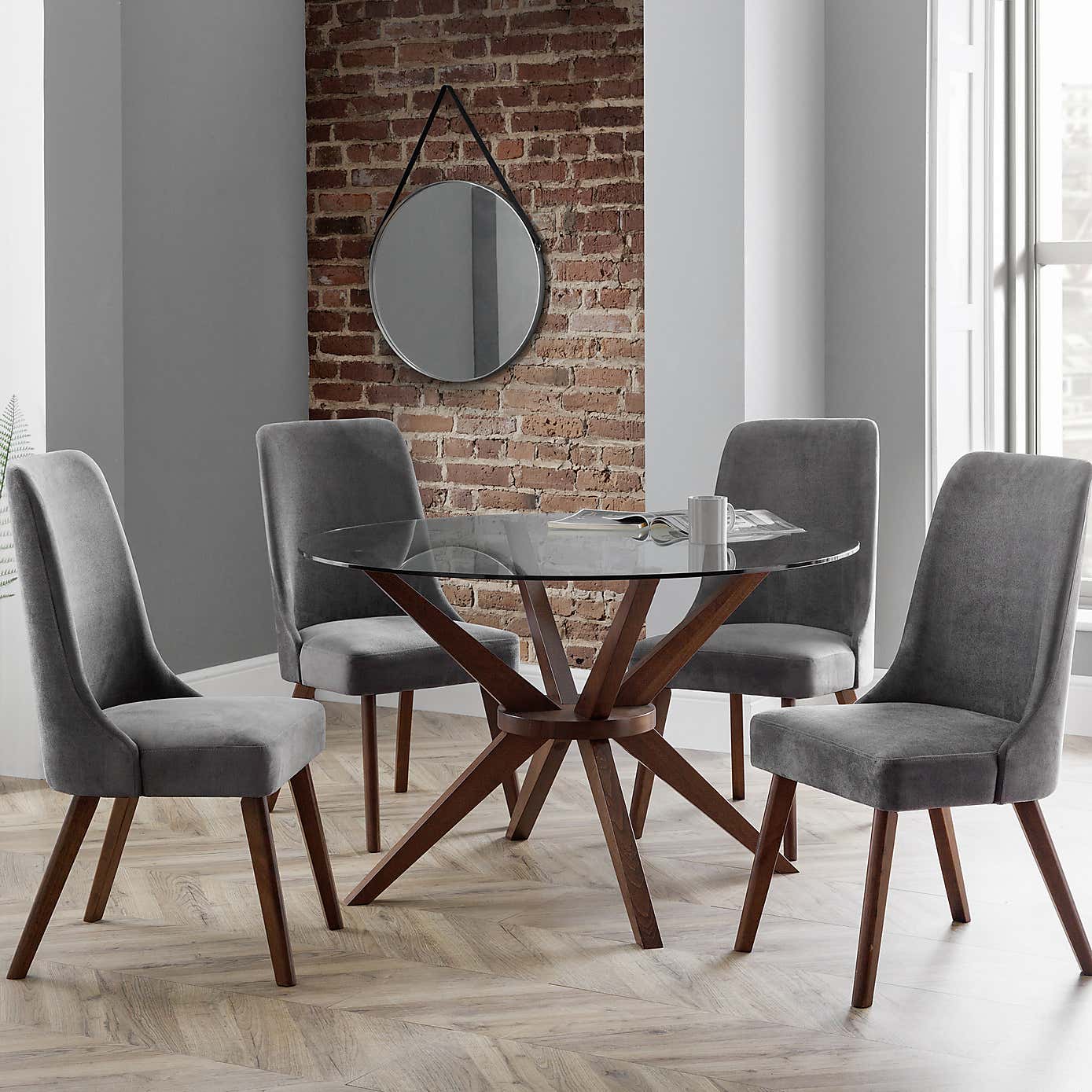 Chelsea Small Round Glass Dining Table with 4 Huxley Dining Chairs