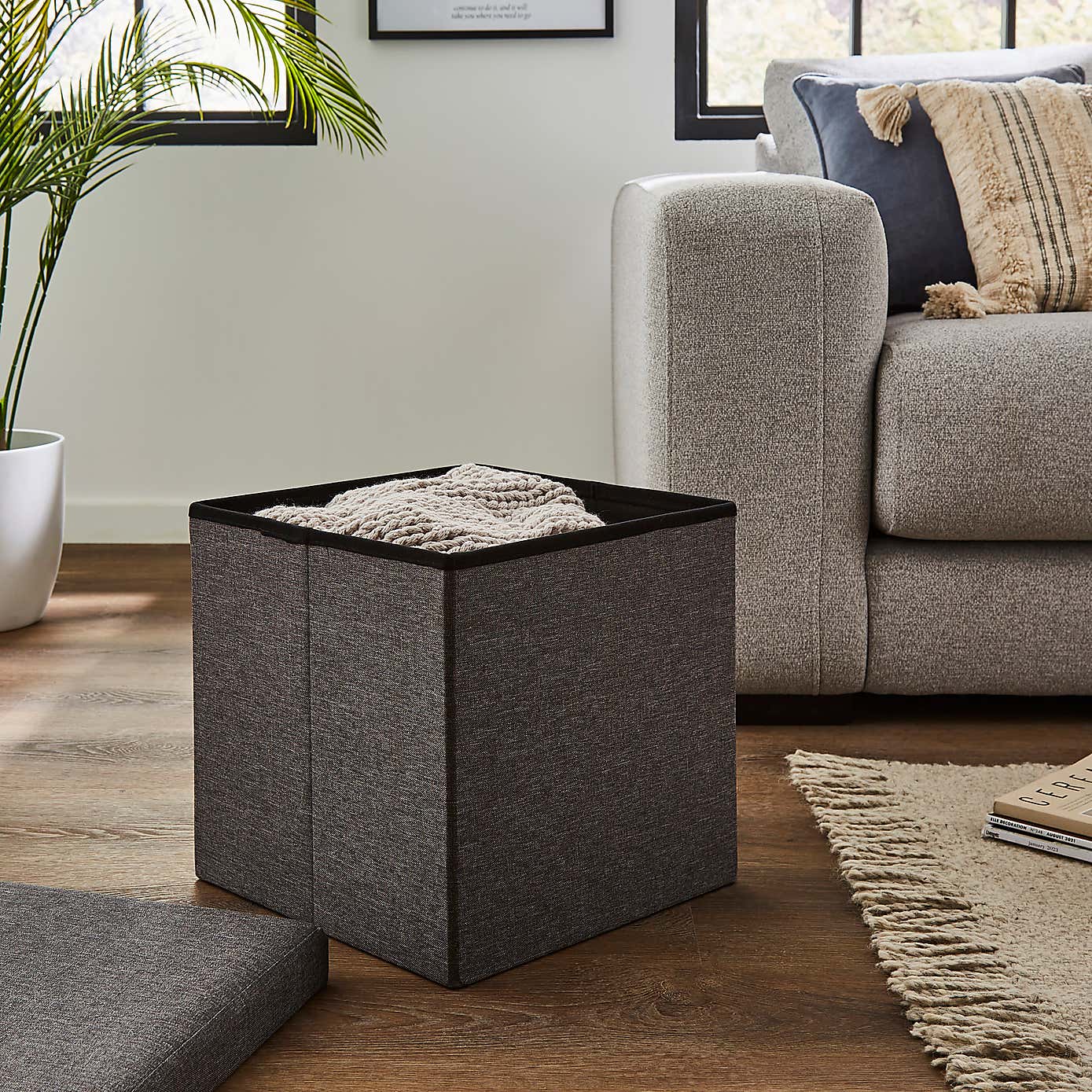 Faux Linen Cube Ottoman