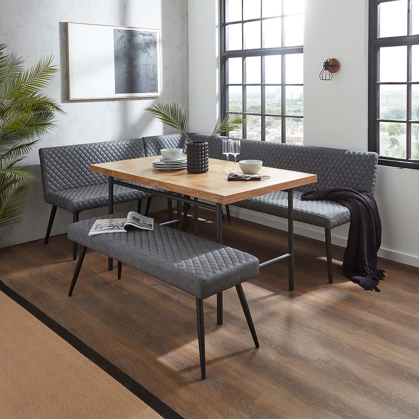 Montreal Corner Faux Leather Dining Bench Set, Grey