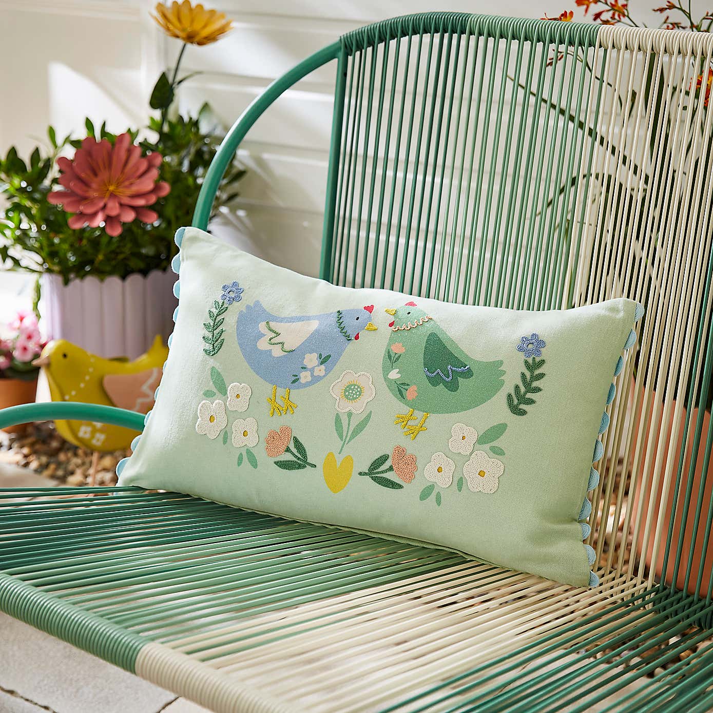 Embroidered Chicken Outdoor Square Cushion