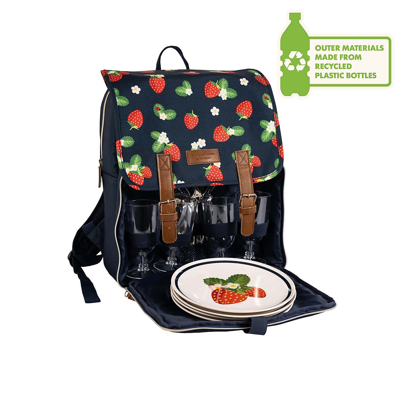 Strawberries & Cream Insulated 4 Person Insulated Floral Picnic Backpack Set