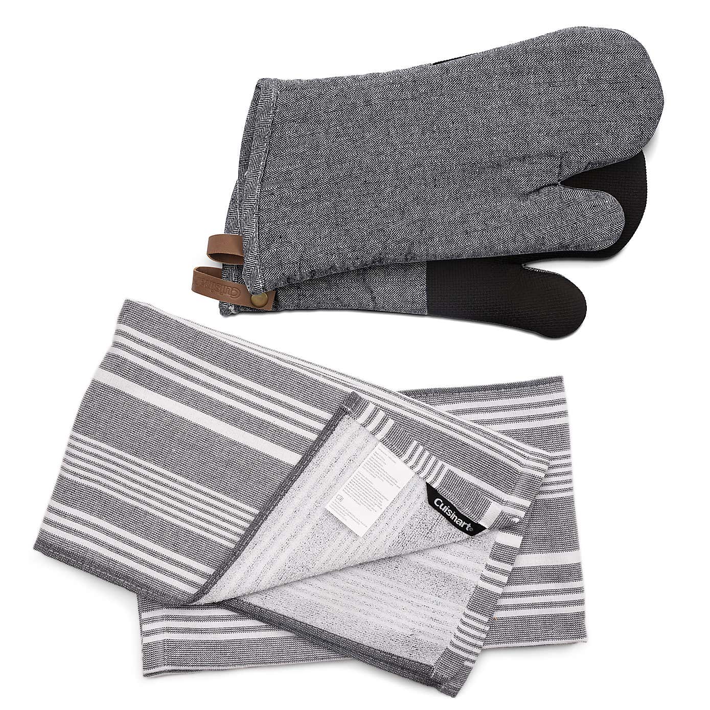 Cuisinart Set of 2 Grey Striped Tea Towels and Single Oven Gloves