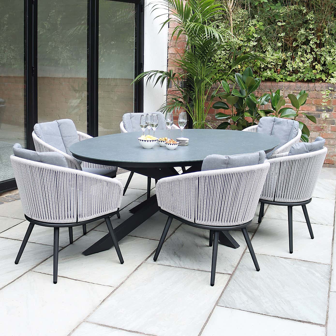A.Mir Aspen Ceramic Top Outdoor Dining Table with 6 Rope Chairs