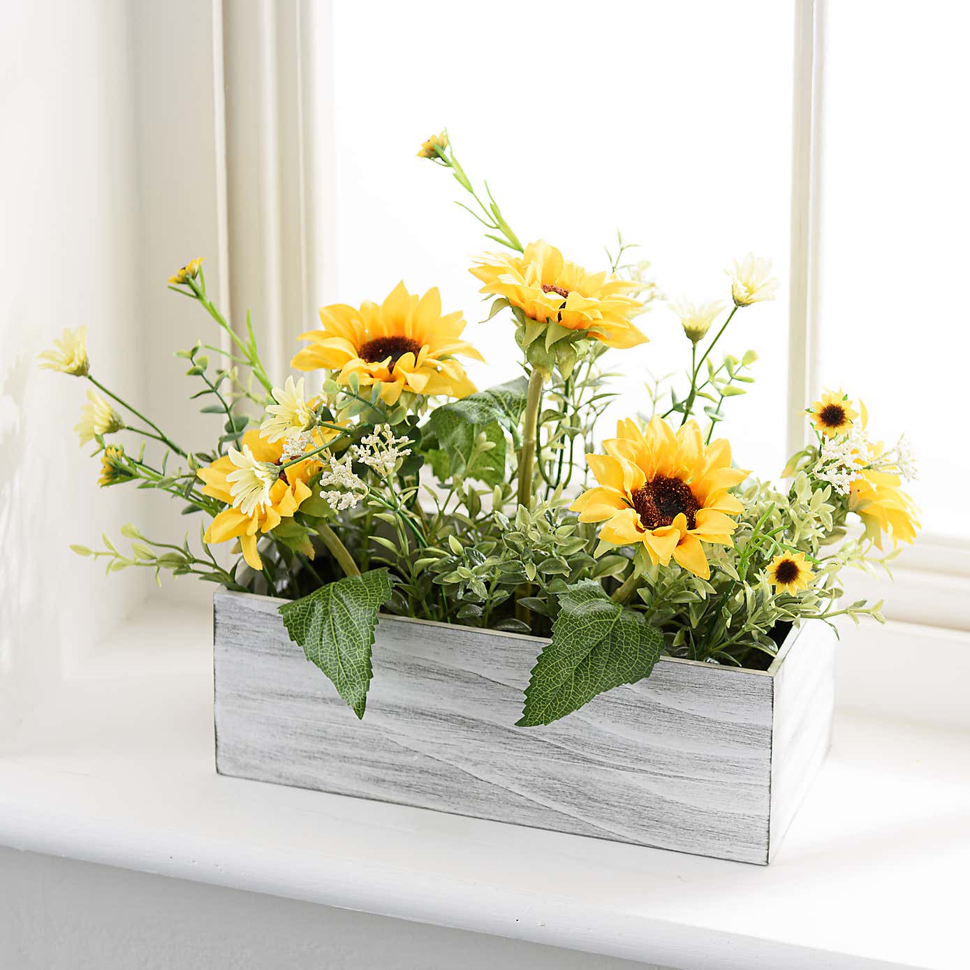 Artificial Sunflower Bouquet in Wooden Plant Pot