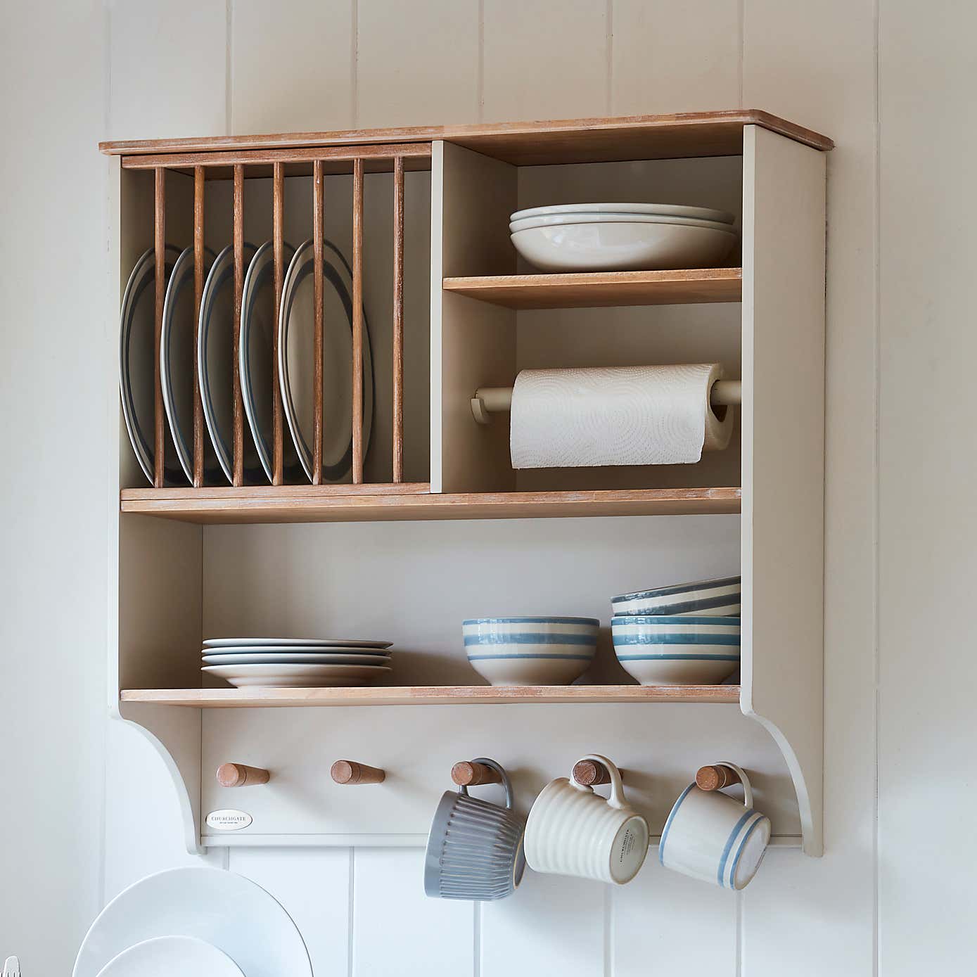Churchgate Kitchen Wall Storage Unit with Plate Rack and Kitchen Roll Holder